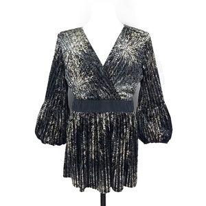 Nine West Silver Velvet Sparkly Glitter Wrap Waist Tie Tunic Top